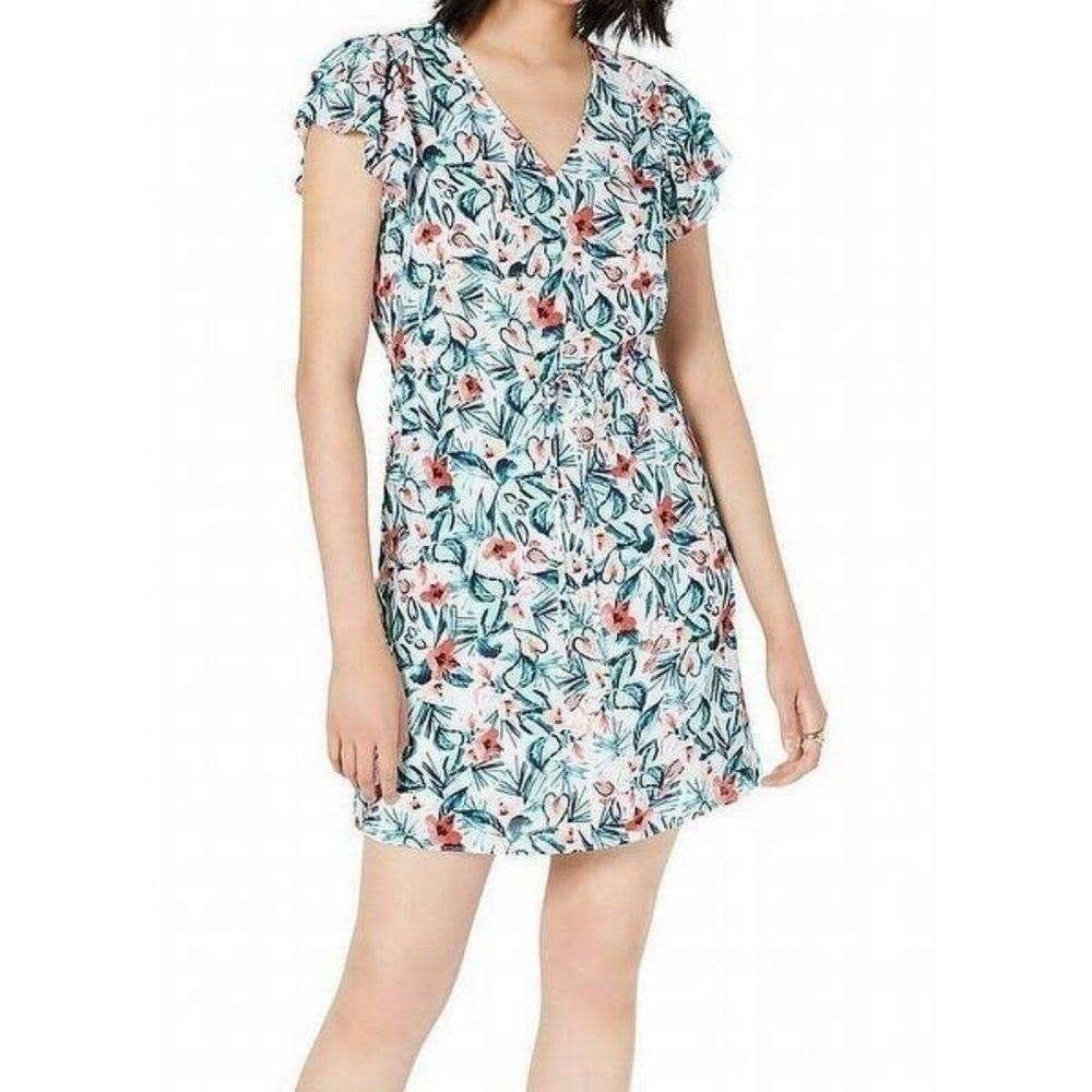 Maison Jules Flutter Sleeve Drawstring Waist Hibiscus Dress Size Medium